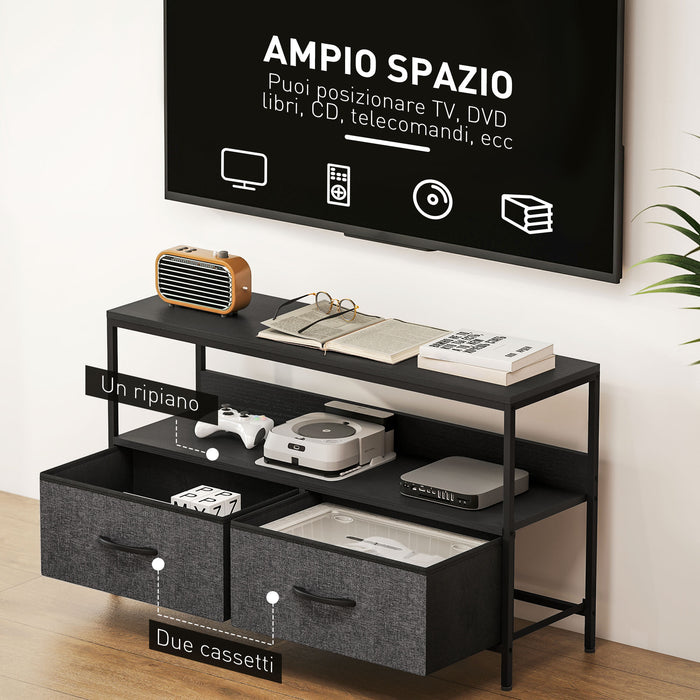 Mobile Porta TV 98x29x56 cm da 47" con Cassetti Pieghevoli in Tessuto e Mensola in Metallo e MDF Nero