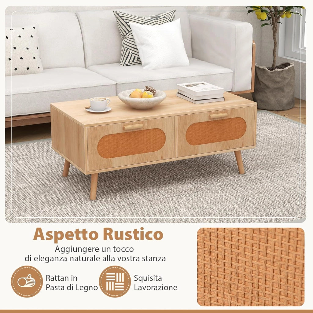 Tavolino da Caffè in Rattan, Tavolino Moderno con 2 Cassetti e Compartimento Posteriore e Gambe in Legno Massello, Tavolo Rettangolare da Salotto e Ufficio