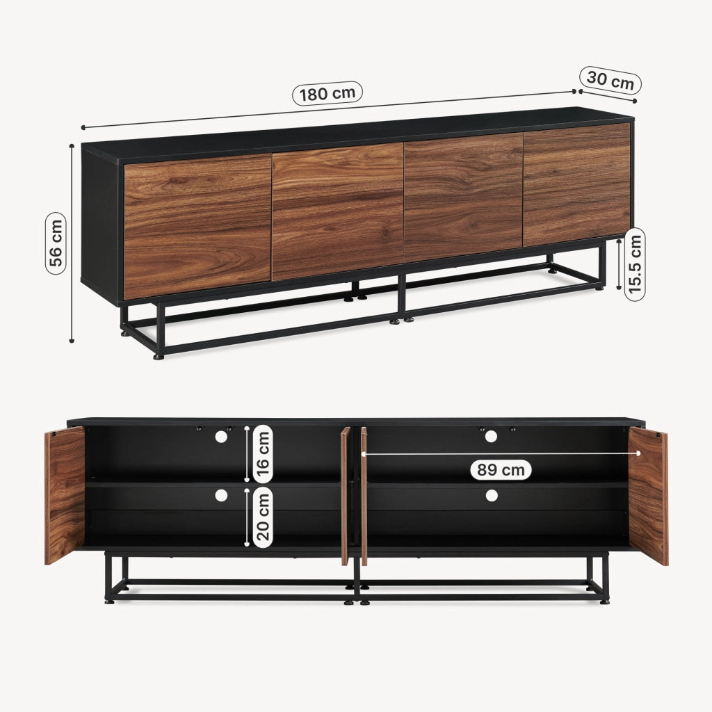 Armadietto Boxholm Credenza Bassa con 4 Ante Push-Open 180x30x56 cm Nero / Effetto Noce [en.casa]