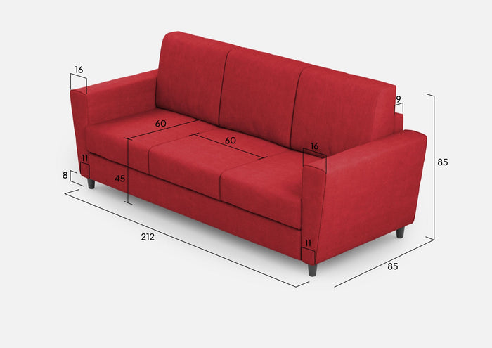 Divano 3 Posti 212x85x85 cm Yasel in Tessuto Rosso