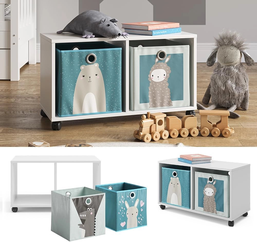 Libreria bambini, Bianco, 72 x 42.4 cm con 2 scatole pieghevoli, su ruote con due ripiani aperti