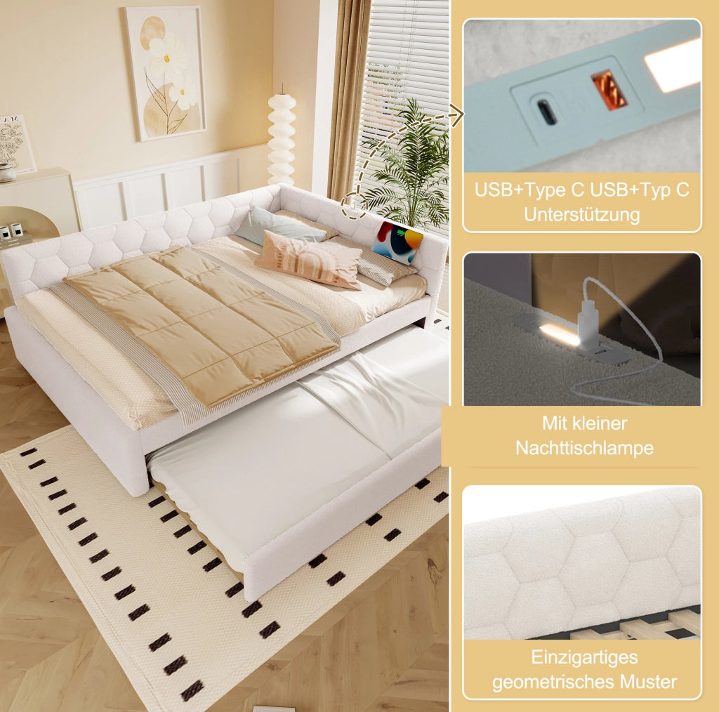 Letto con rete e letto estraibile 140 x 200 cm, bianco, con luce notturna e porte USB