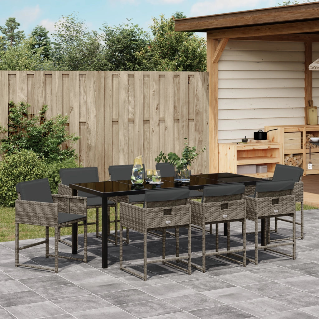 Set da Pranzo per Giardino 9 Pezzi con Cuscini Grigio Rattan PE