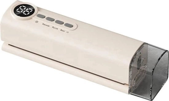 Vacuum sealer portatile, progettato senza cavo, ricaricabile via USB, display LED, adatto per alimenti secchi e umidi.