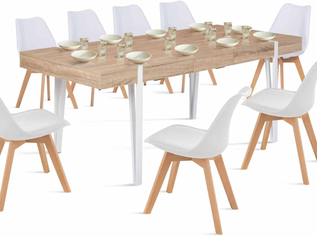 AUSTRIA Tavolo da pranzo rettangolare allungabile per 6-10 persone con gambe a spillo bianche 160-200 cm