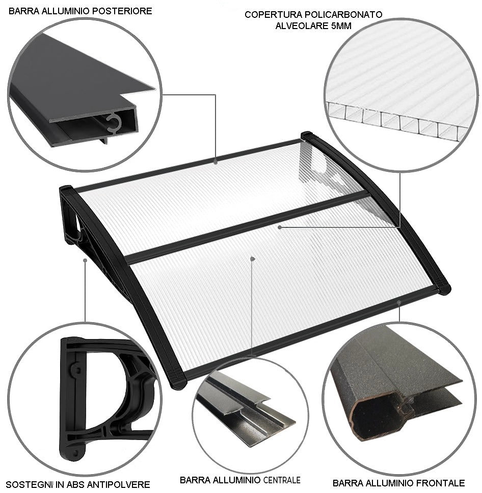 Pensilina Tettoia Modulare Tetto Copertura Porta Finestra Esterno Alveolare Trasparente - 120x100 Cm