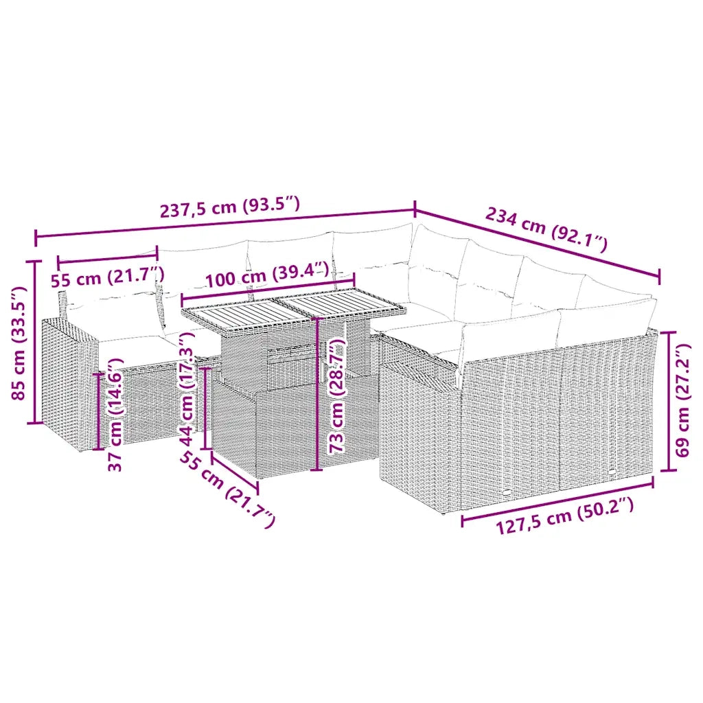 Set Divano da Giardino 9 pz con Cuscini Beige in Polyrattan 3271240