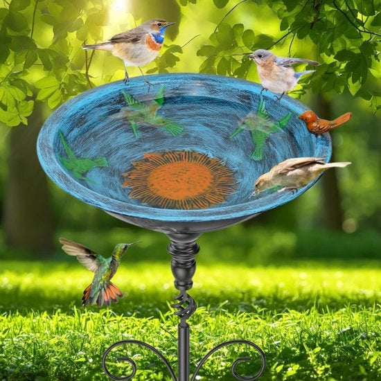 Vogabagno per esterno in giardino, vogabagno in piedi con supporto, ciotola per uccelli in metallo, ciotola per uccelli in ghisa, ciotola per uccelli e bacino per acqua per uccelli selvatici (retro blu)