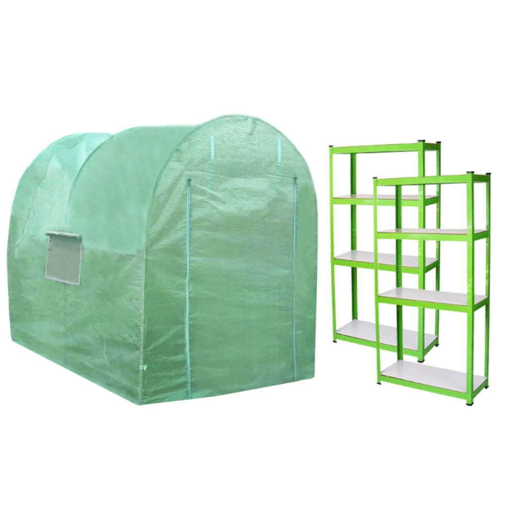 Serra da Giardino a Tunnel da Esterno in Polietilene Resistente alla Corrosione e Raggi UV Telaio in Ferro Galvanizzato per Piante Giardinaggio - 19mm - 2.5m x 2m & Scaffali