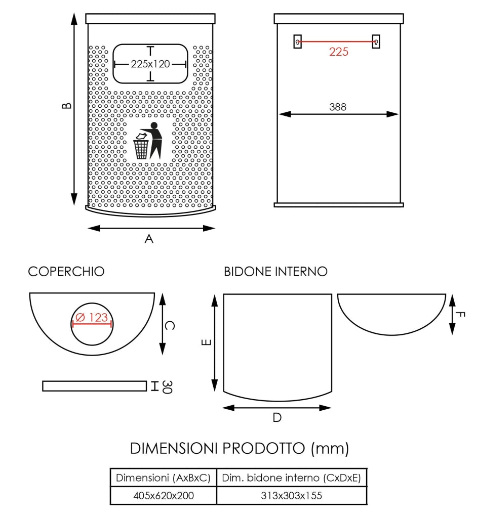 Cestino Gettacarte Posacenere da Parete 40,5x62x20 cm in Acciaio 15L per Interno Esterno