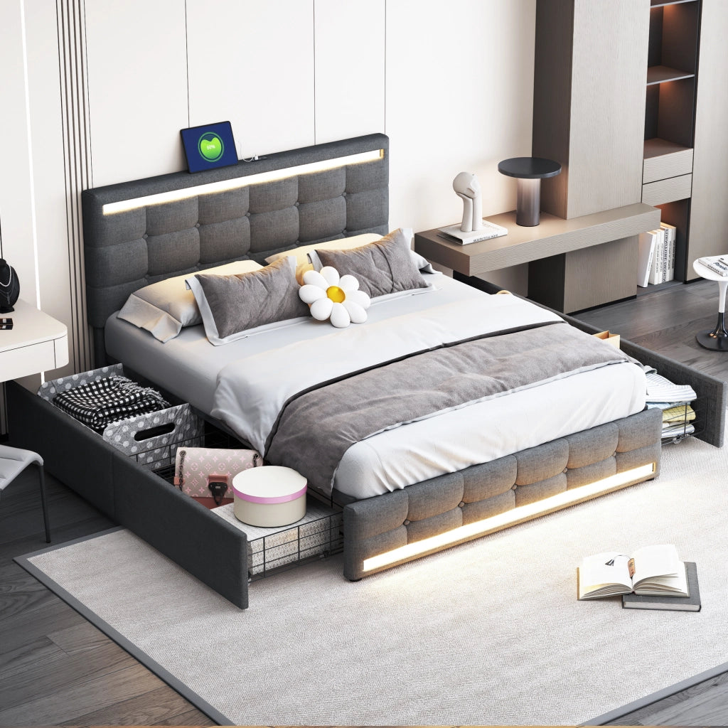 OKWISH Letto con Cassetti 140×200 cm, Letto Matrimoniale con 4 Cassetti, USB, LED Regolabile e Sync Musica, senza Materasso, Grigio