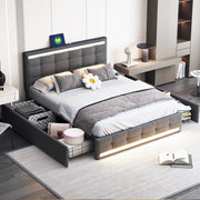 OKWISH Letto con Cassetti 140×200 cm, Letto Matrimoniale con 4 Cassetti, USB, LED Regolabile e Sync Musica, senza Materasso, Grigio