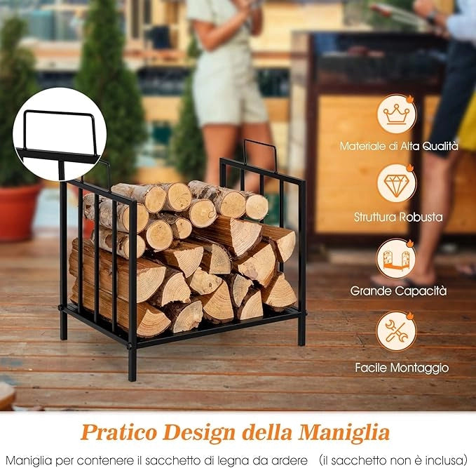 Porta Legna per Interni ed Esterni, Porta Legna per Camino con Comoda Maniglia e Piedini Rialzati, Portalegna da Ardere per Caminetti, Stufe e Focolari, Portata 50 kg (46 x 31 x 46 cm)