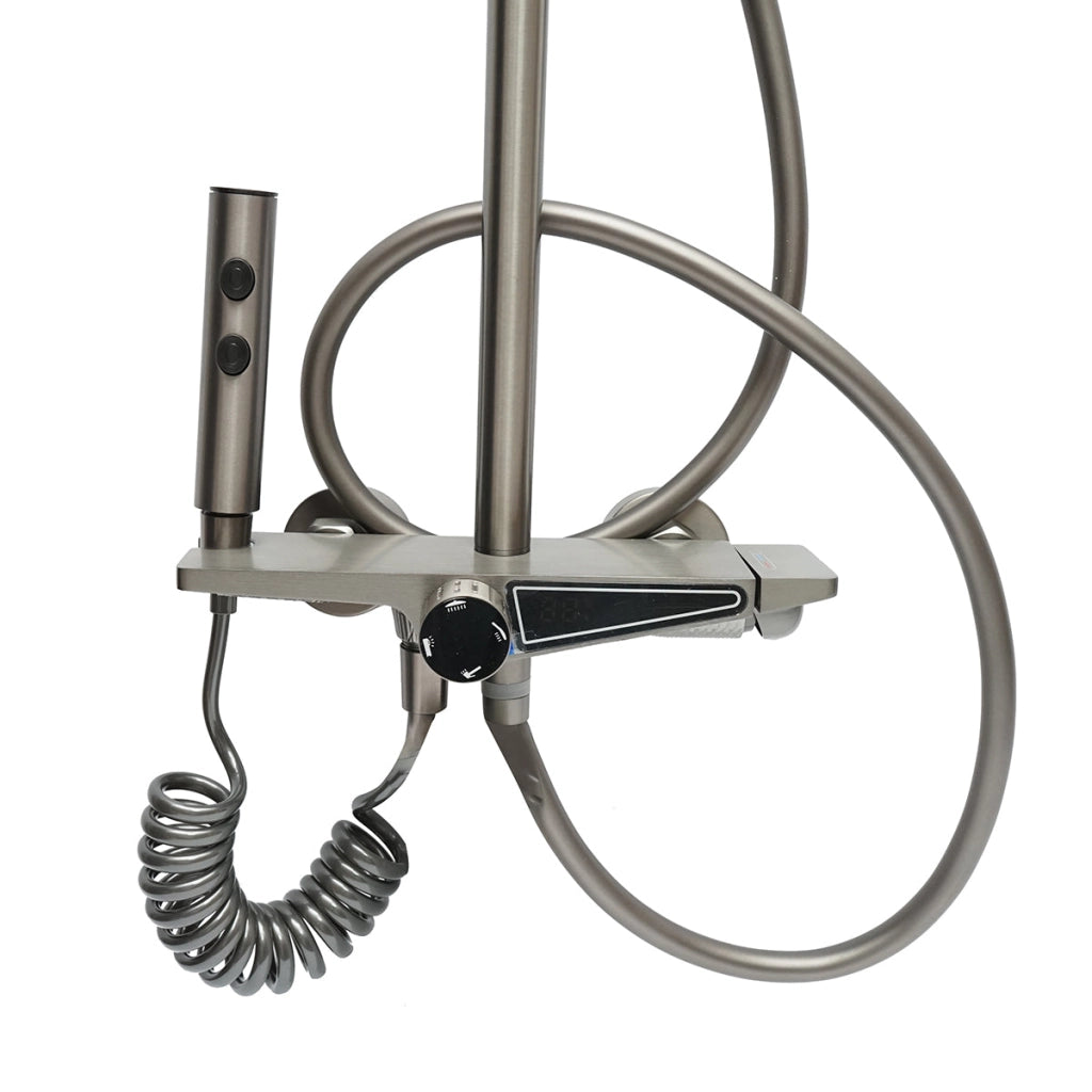 Set doccia multifunzionale con termostato, display digitale della temperatura dell’acqua, 4 funzioni di erogazione dell’acqua, bocca per vasca, soffione rettangolare, doccetta a mano, doccia bidet, colore grigio.