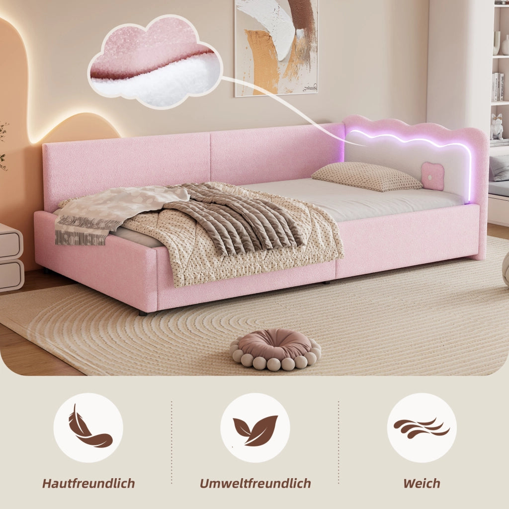 Letto giorno con luce LED velluto rosa 90x200 cm