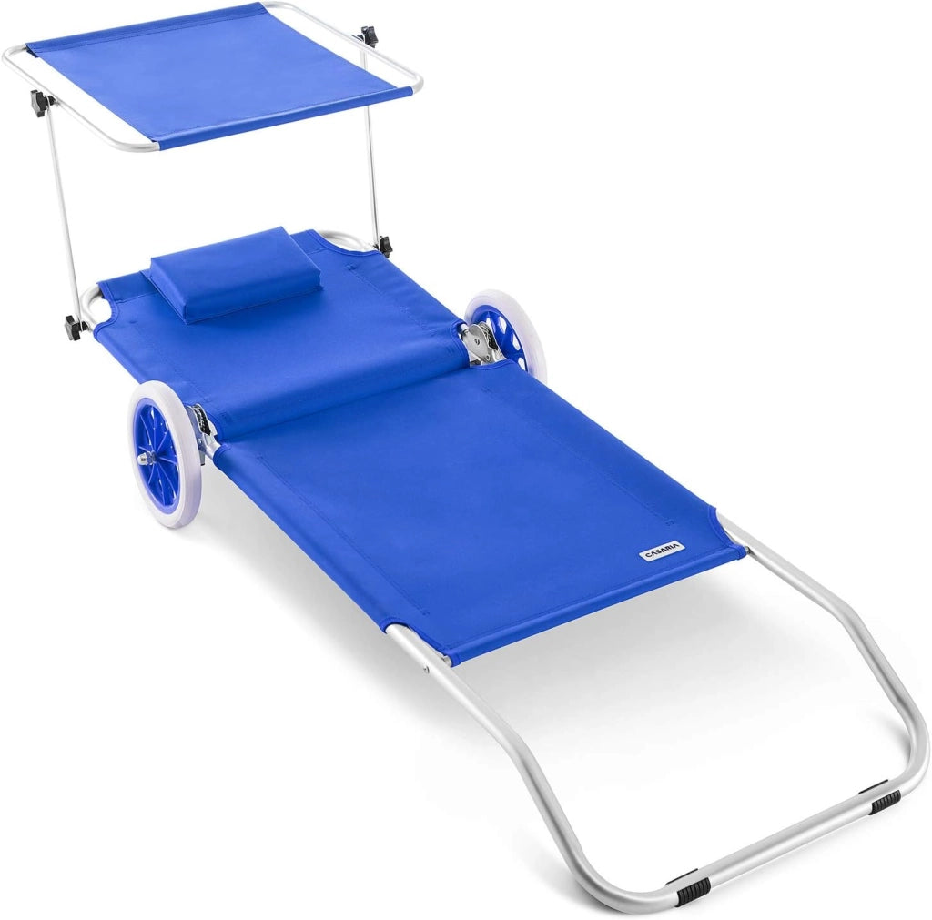 ® Lettino da Spiaggia Kreta Pieghevole Trasportabile 2 Ruote con Cuscino Tettuccio Parasole Sdraio Prendisole