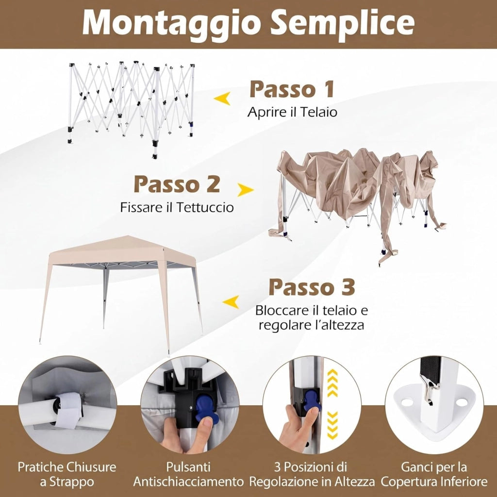 Gazebo da Giardino 3 x 3 M, Tendone Parasole con Telo Impermeabile e Resistente, Sacchi di Sabbia, Pieghevole, Portatile e Altezza Regolabile, per Esterno, Mercati, Fiere e Campeggio (Beige)