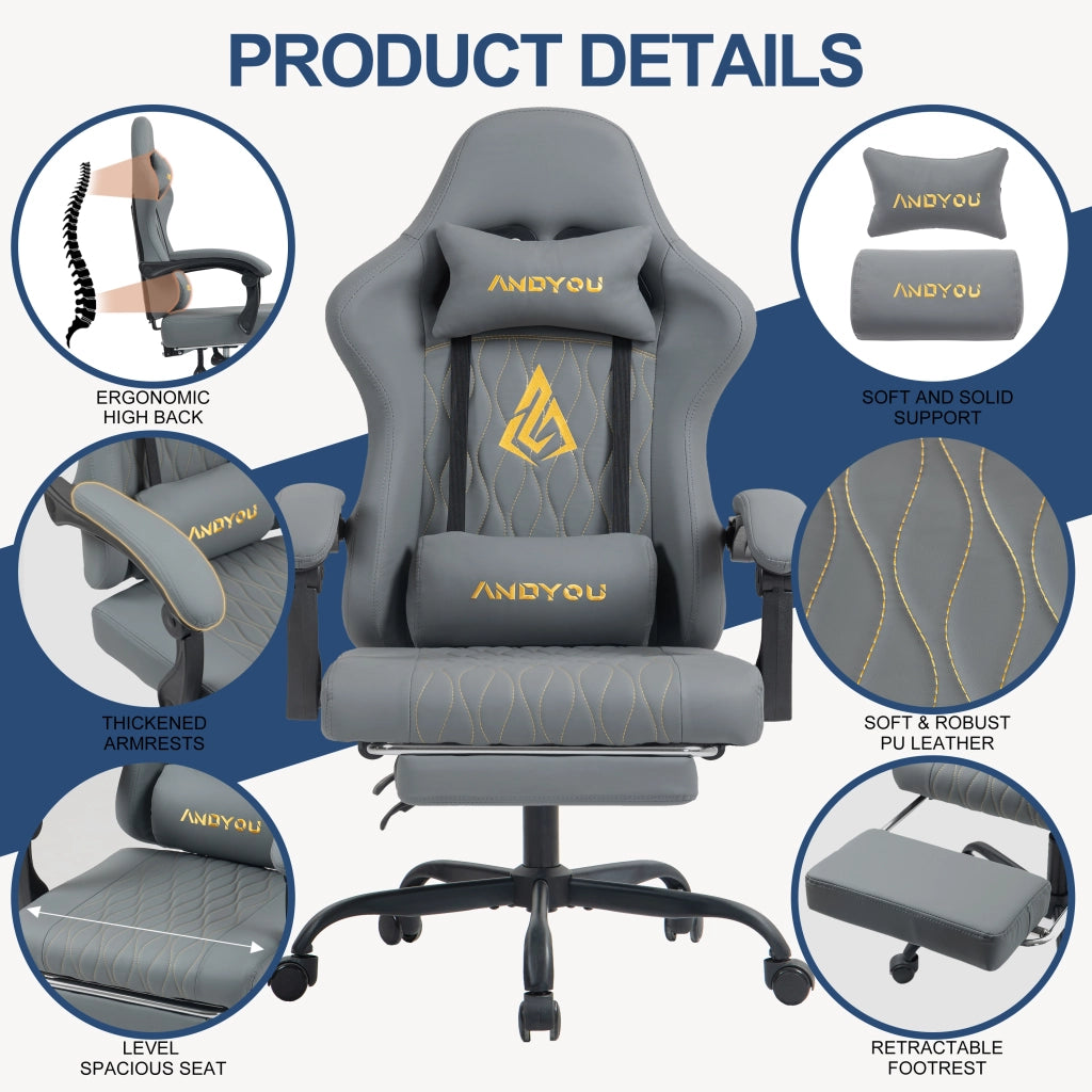 Sedia da Gaming con Poggiapiedi ¨C Zephmum ¨C Grigio