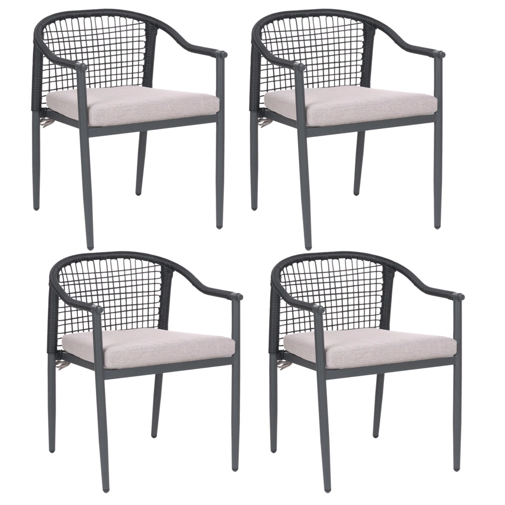 Set di 4 Sedie da Giardino Impilabili in Alluminio Nero e Rattan PE con Cuscini Beige per Esterni
