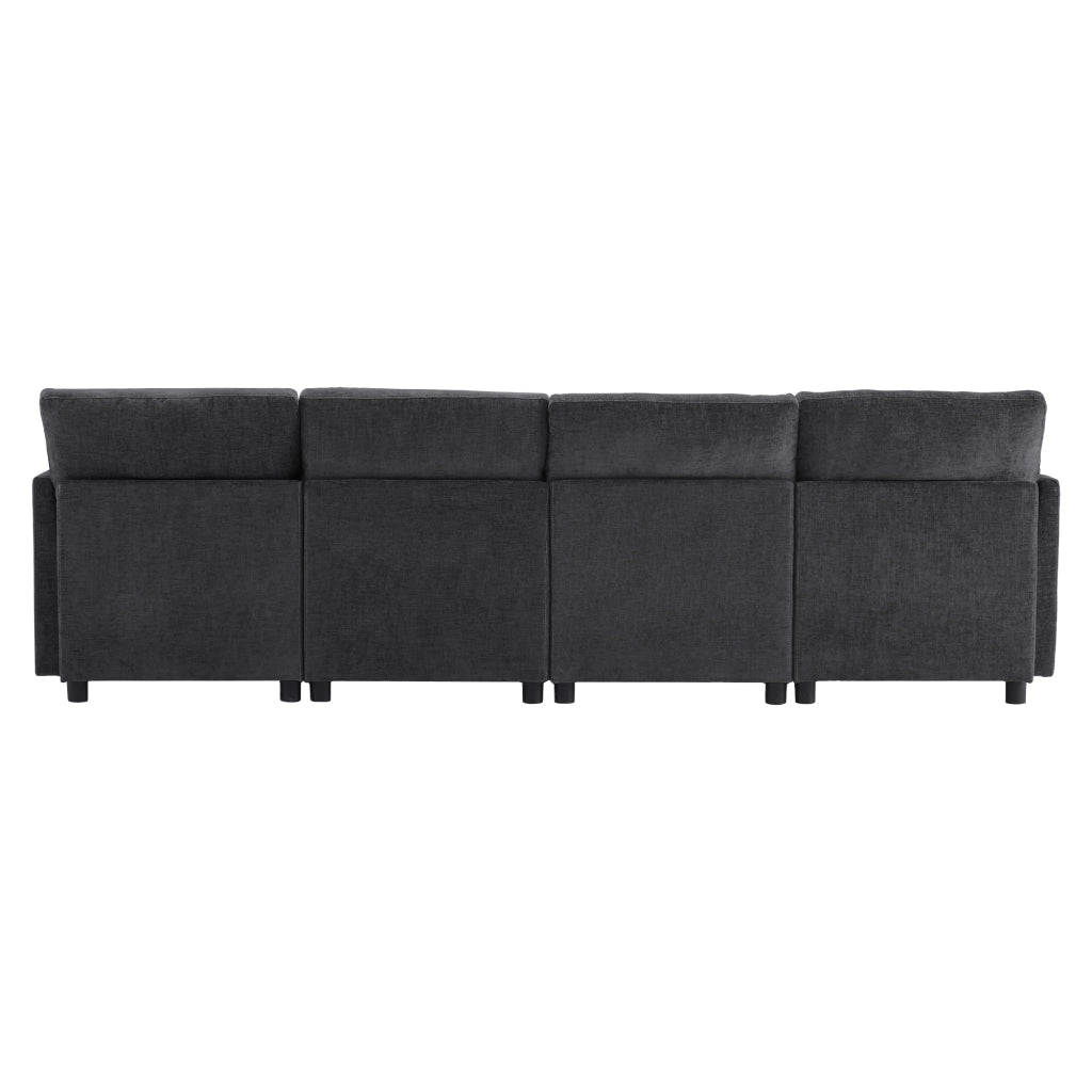 Divano modulare convertibile in configurazione U e L con 2 pouf e 6 cuscini in chenille grigio
