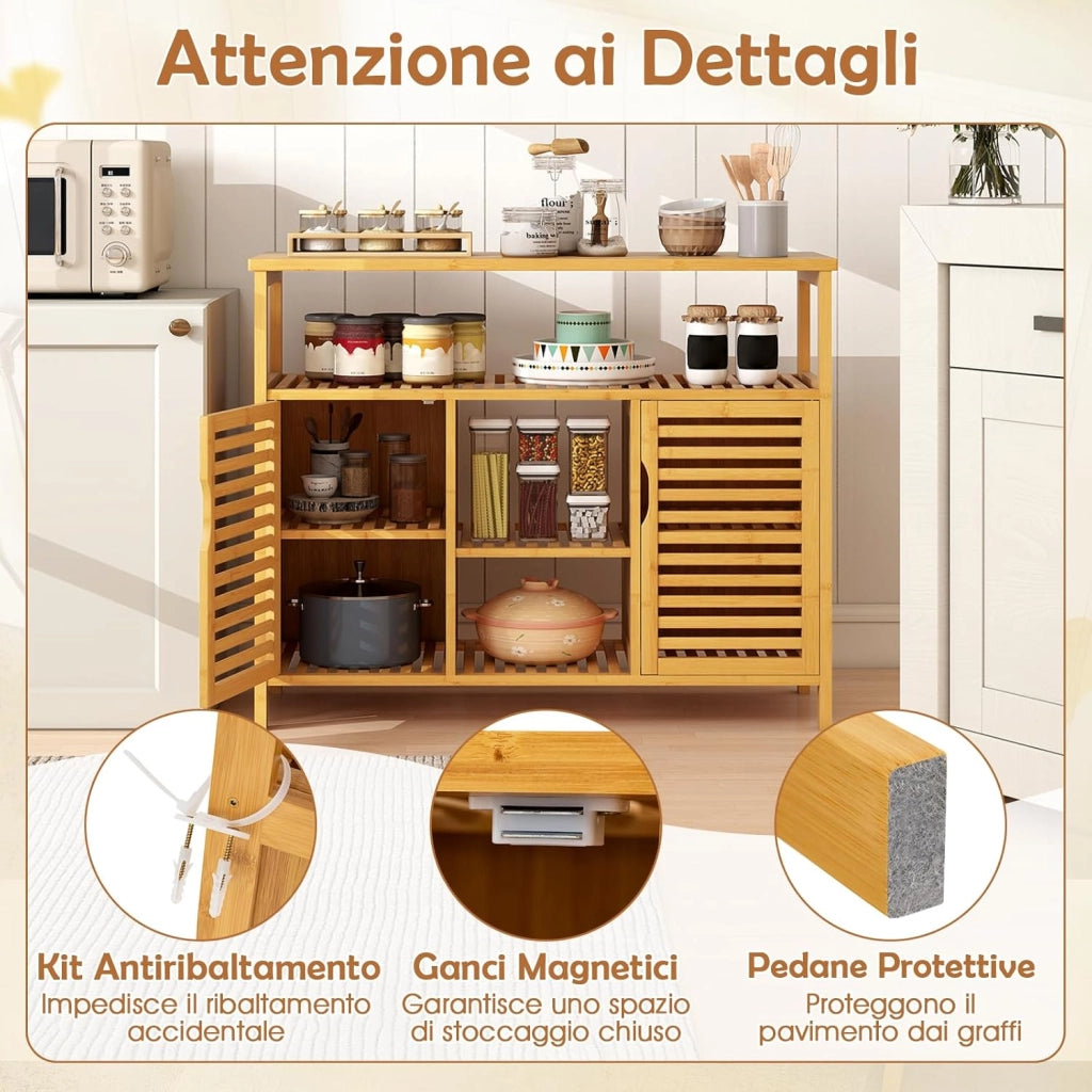 Armadietto da Bagno in Bambù, Organizzatore a 2 Ante con Scaffali, Unità di Stoccaggio Indipendente, Arredamento Domestico a Doghe per Soggiorno, Ingresso, Cucina e Sala da Pranzo