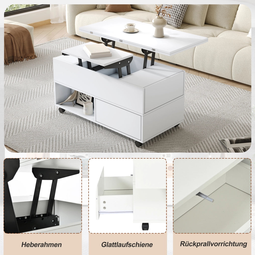 Tavolino basso sollevabile in truciolare con 4 cassetti, 2 vani aperti e rotelle, bianco, 100 × 50 × 52 cm