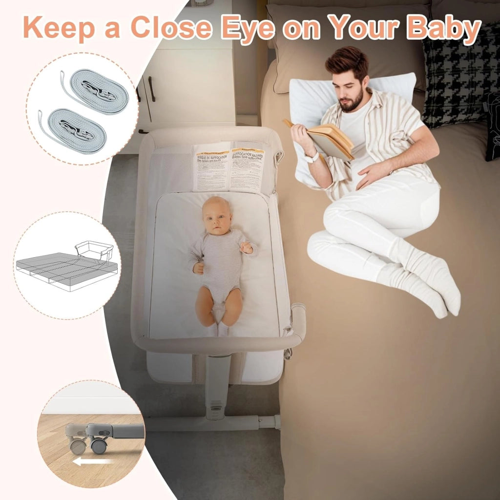 3 in 1 Culla Neonato Fianco Letto, Lettino Neonato Dondolo con Materasso, Culla Co-Sleeping Fino a 9 kg, Altezza Regolabili, 84 x 59,5 x 80,5cm (Beige)