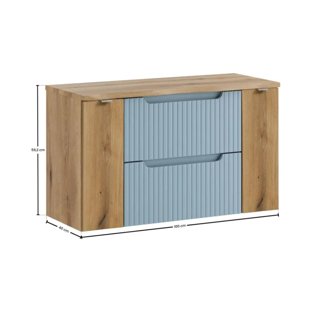 Insieme sospeso VANO blu denim e rovere chiaro 100cm: mobili sotto lavabo con cassetti e armadietti + piano per lavabo