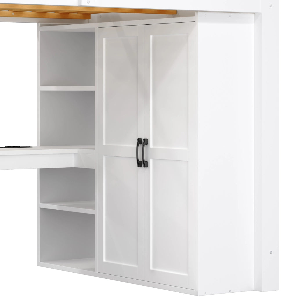Letto a soppalco 140x200 cm bianco con scrivania, armadio, scala contenitore e LED