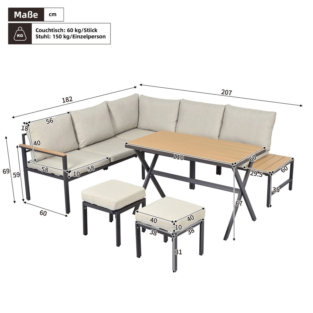 Set Salotto da Giardino 4 Pezzi con Divano Angolare, 2 Sgabelli e Tavolo ¨C Xylo ¨C Grigio Beige, Acciaio e Polipropilene