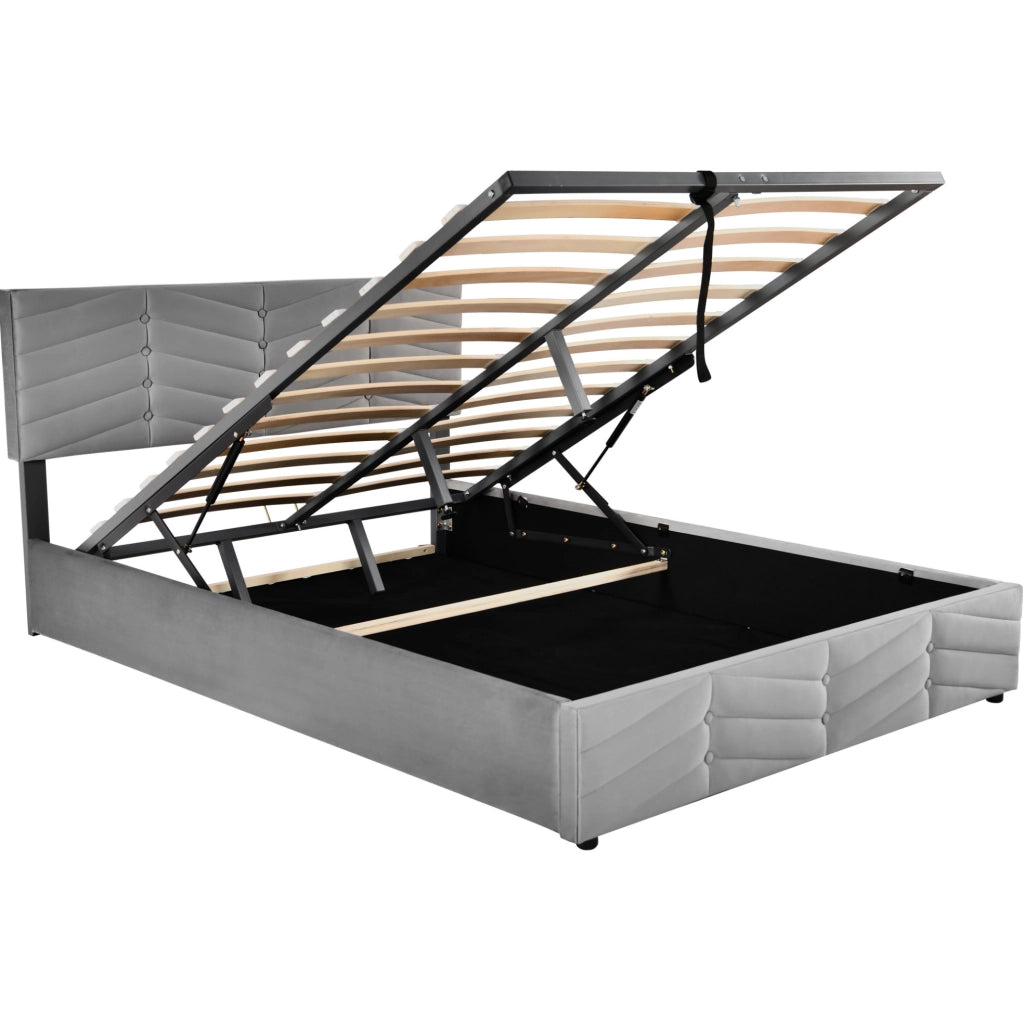 Letto matrimoniale imbottito con contenitore 140x190 cm; testiera regolabile; velluto grigio
