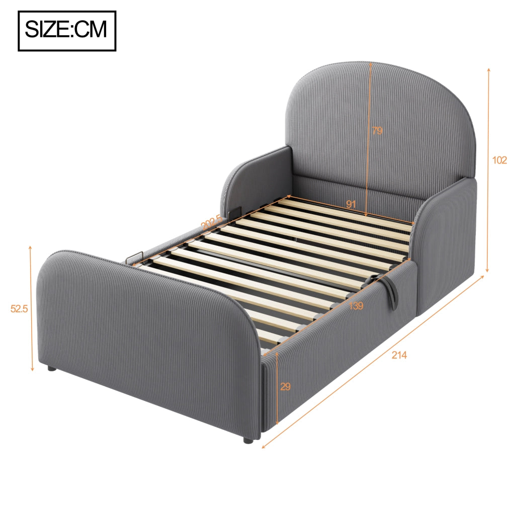 Letto Contenitore Letto Singolo 90x200 cm; contenitore idraulico; sponde; velluto; Grigio