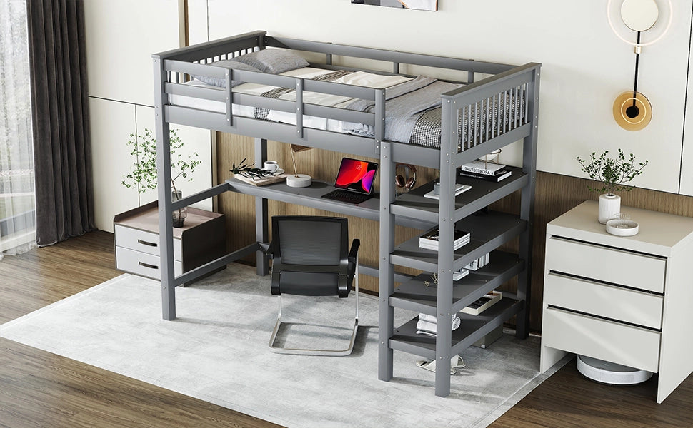 DESMIU Letto a Soppalco Singolo con Scrivania, Scaffali e Scala Contenitore 90 × 200 cm, Senza Materasso, Grigio