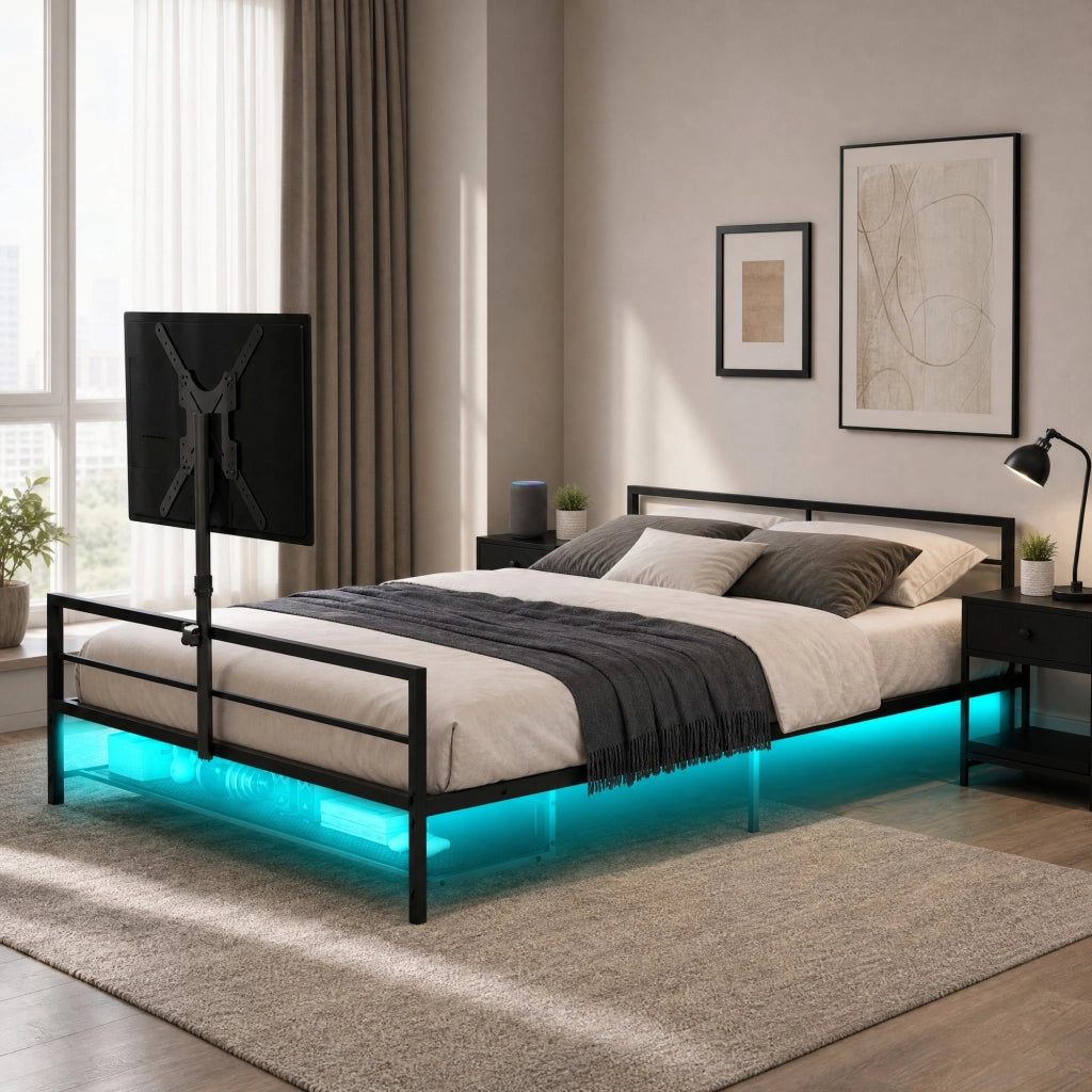 Letto gaming in metallo nero con supporto regolabile, luci LED e cestino contenitore sotto il letto
