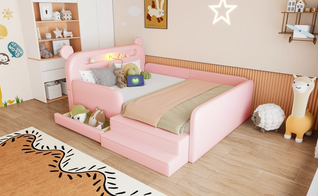 Letto imbottito per bambini con testiera a orso e USB, 140x200 cm, rosa