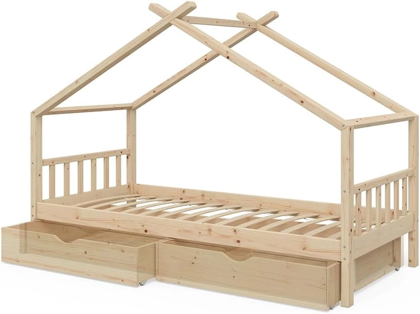 Letto montessori bambini Design, Legno naturale, 90x200 cm con 2 cassetti, con sponda anticaduta e rete a doghe per un sonno sicuro