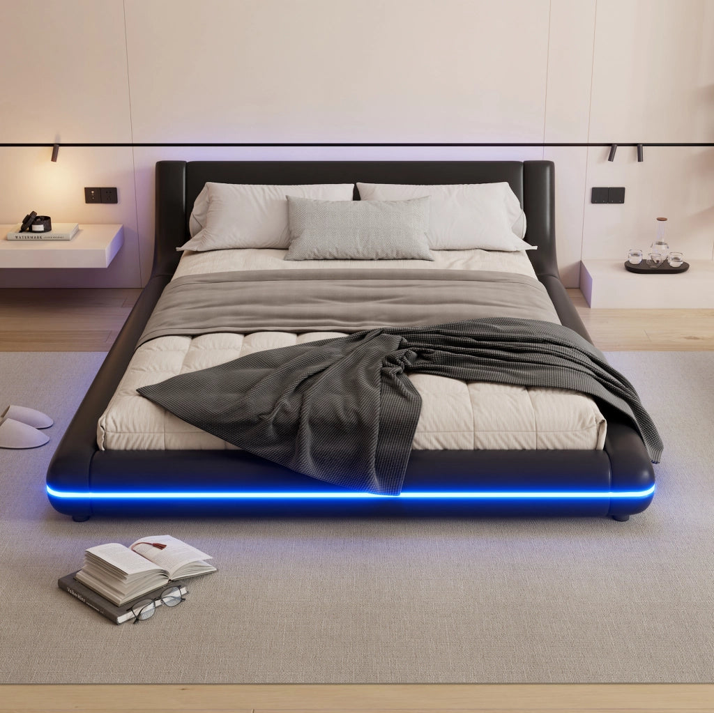 Letto a pavimento 140x200 cm con LED; PU e MDF nero