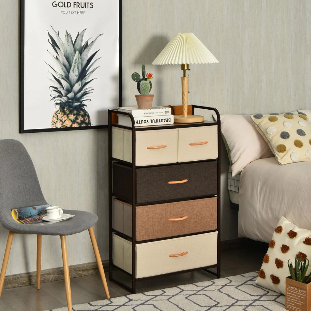 Cassettiera con 5 cassetti pieghevoli in tessuto, Organizer a 4 livelli con superficie in legno per ingresso