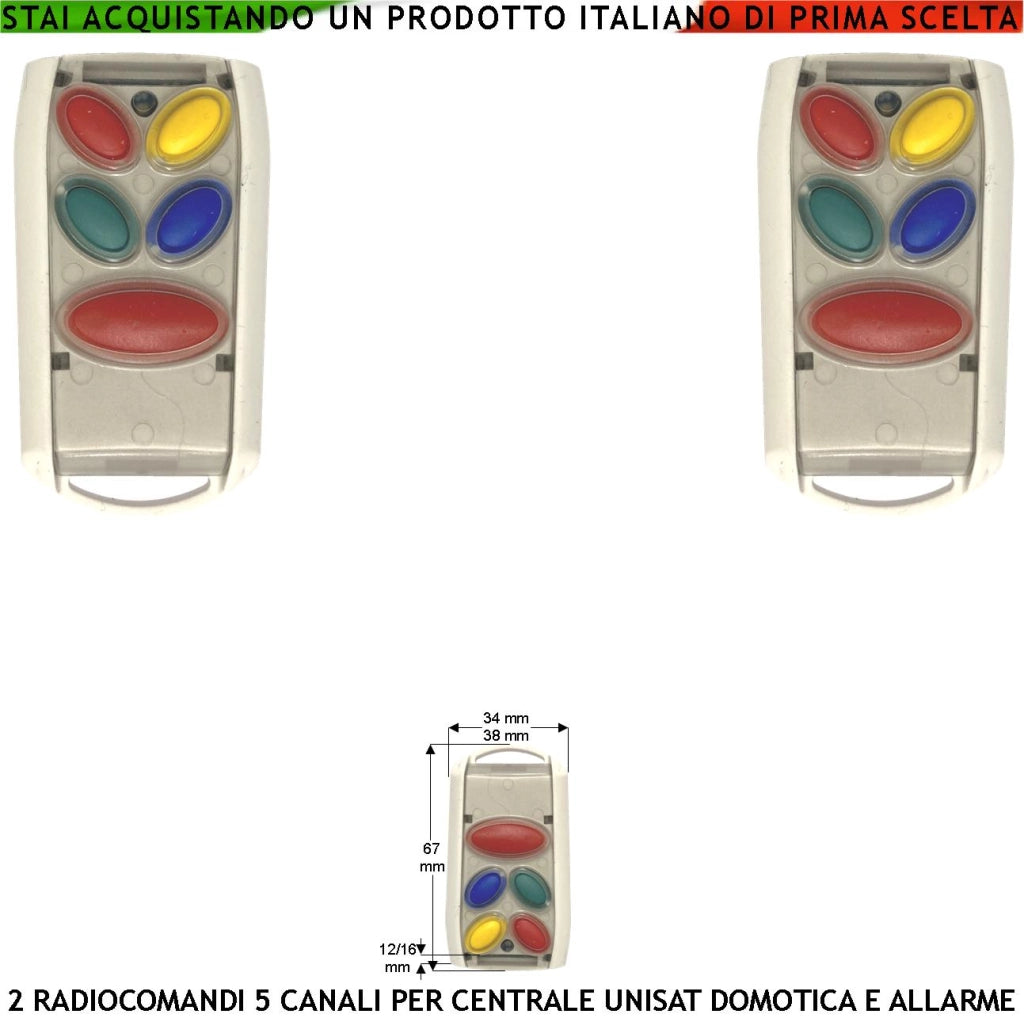 Telecomando Bidirezionale Frequenza 868 MHz 5 Canali 2 Pezzi Gestisce la Centrale Unisat 2 Attiva Disattiva Totale Parziale Soccorso Panico Domotica 3 Led Verde Rosso Giallo Per le Funzioni Attivate