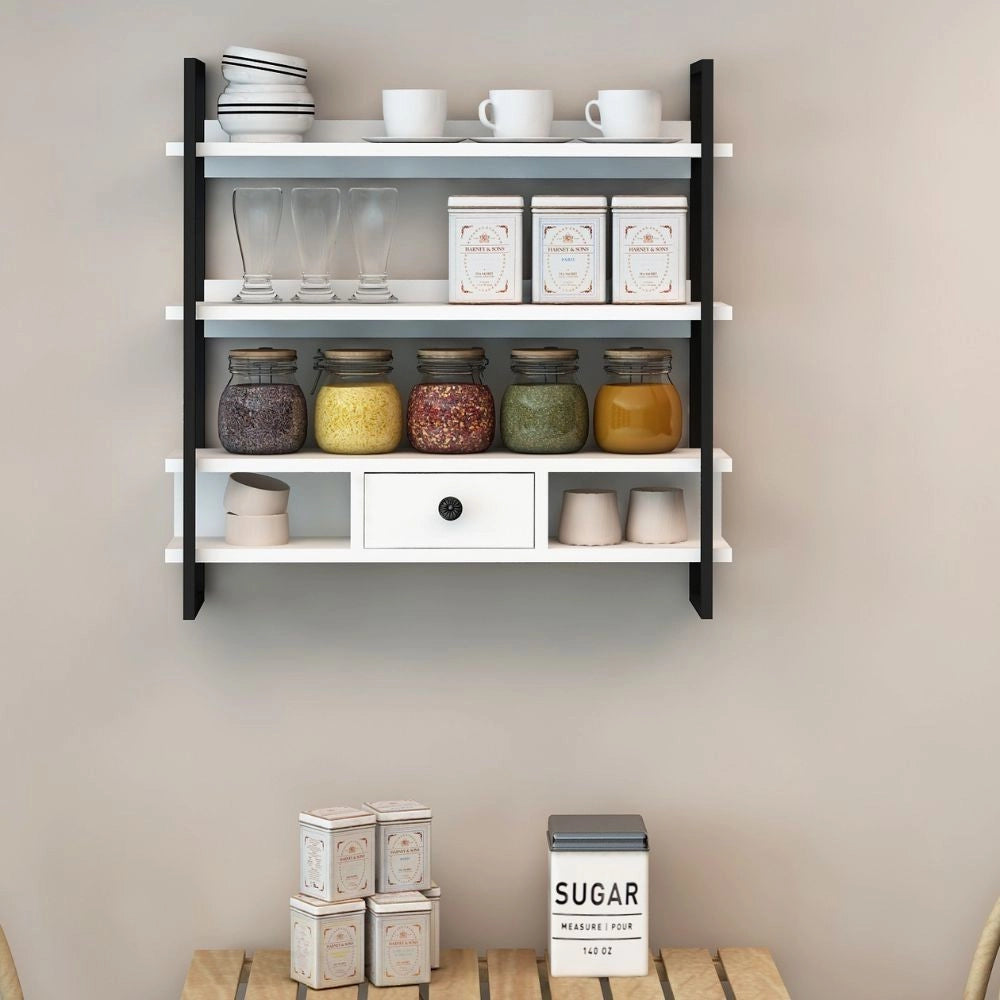 Scaffale da parete mensole e cassetto Severo colore nero e bianco