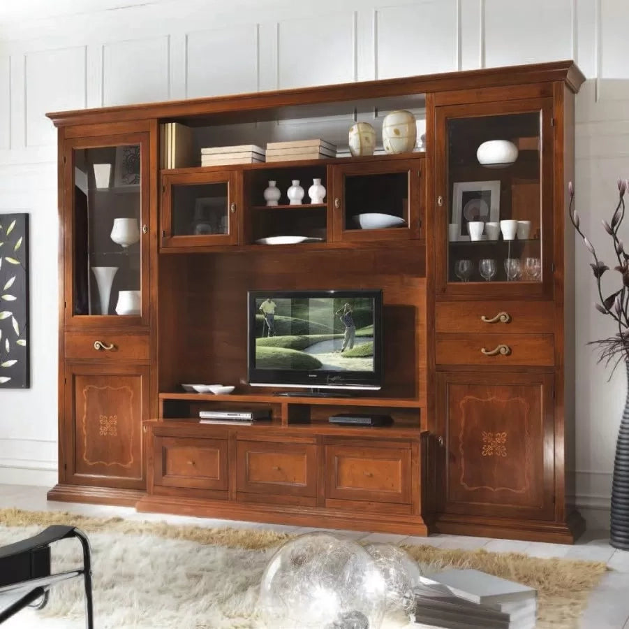 Parete attrezzata porta tv classica legno noce bassano l.300 p.54 h.222 (219) - Mobili 2G