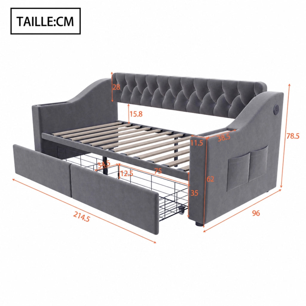 DESMIU Divano letto 90 × 190 cm 1 posto con 2 cassetti, porta USB e Type-C, senza materasso, in velluto, grigio