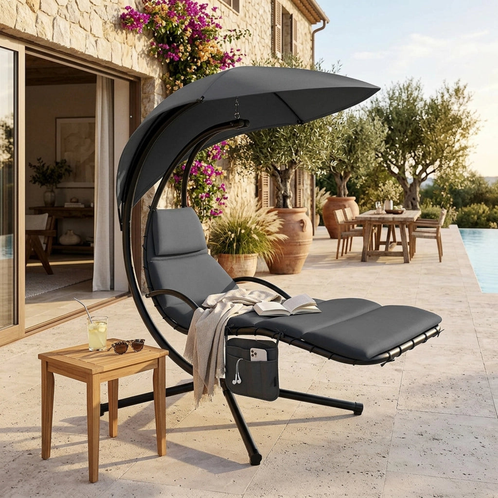 Sdraio A Sospensione Con Ombrellone Grigio E Cuscino Ergonomico Amaca Da Giardino In Poliestere Resistente Per Arredamento Esterno Terrazzo Bordo Piscina Formato 195x132x197 Cm