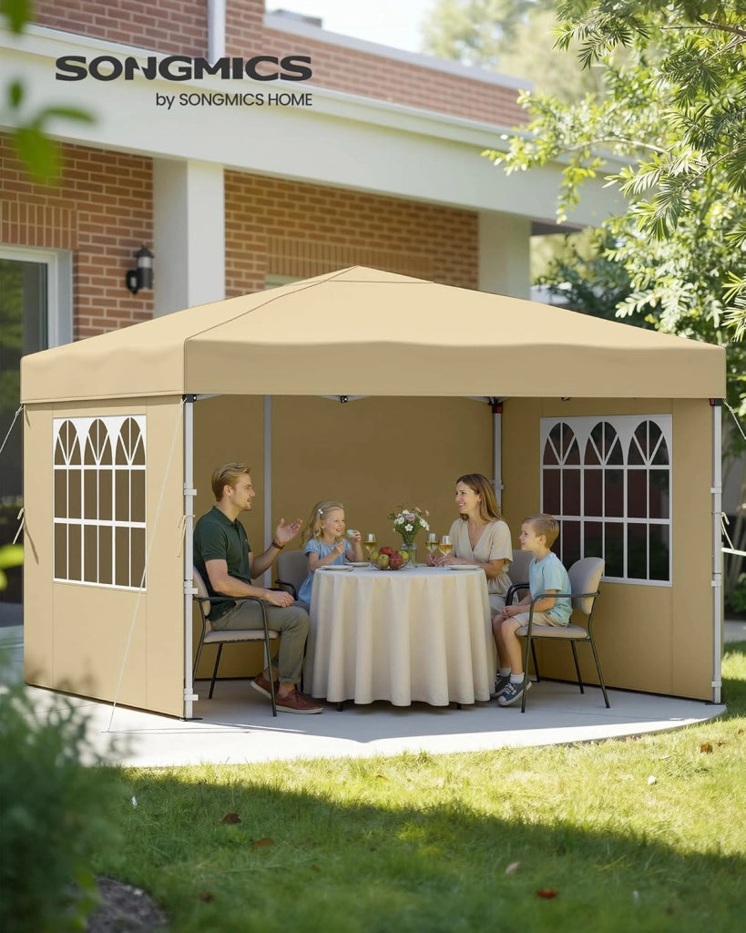 SONGMICS Gazebo, Tendone Pieghevole, Protezione Solare, Resistente alla Pioggia Leggera, Portatile, con Pareti Laterali, per Cortile, Giardino, Mercato, 3 x 3 m, Beige GCT104LZ01
