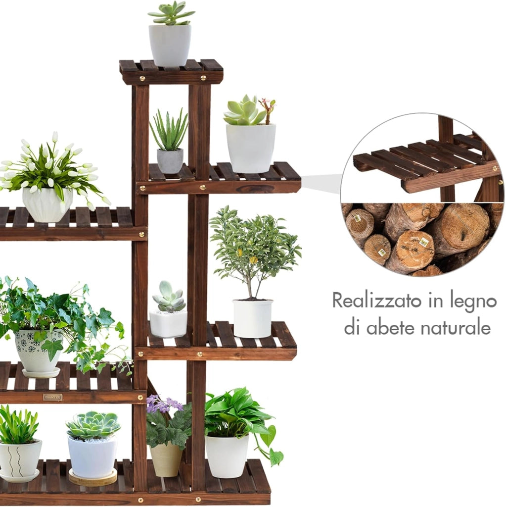 Scaffale Porta Piante a 9 Ripiani, Porta Piante da Interno ed Esterno a Scala in Legno, Porta Vasi da Balcone, Giardino e Salotto, 125 x 25 x 114 cm