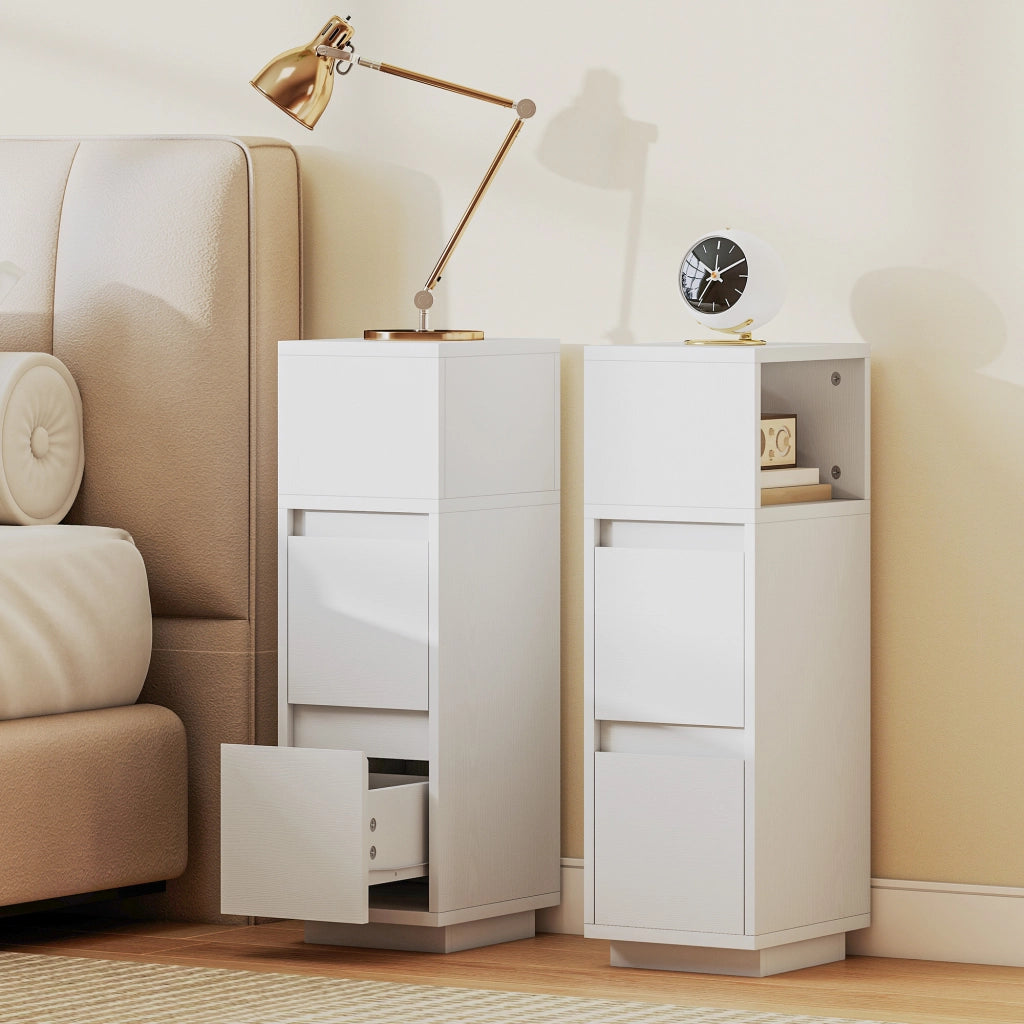 Set di 2 Comodini con 2 Cassetti e Ripiano Aperto Moderni e Salvaspazio, 25x30x65 cm, Bianco