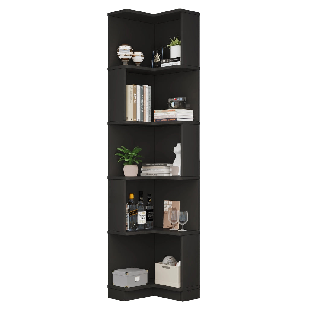 Libreria angolare con LED controllabile via app, 5 ripiani, per studio e ufficio, in MDF, nero, 63,5 × 45 × 175 cm