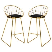 Set 2 Sgabelli da Bar Alti con Schienale e Poggiapiedi per Salotto o Cucina Stile Moderno, Cuscino in Velluto e Struttura in Metallo, 52.5x47x97cm, Nero e Oro