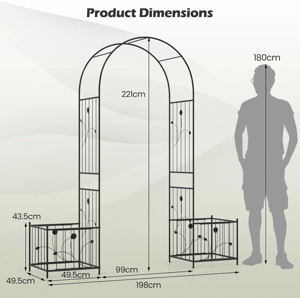 Arco da Giardino, Pergolato in Metallo con Fioriere Laterali, Arco da Esterno per Piante Rampicanti, Rose e Viti, Decorazione per Matrimonio e Festa, 198 x 49,5 x 221 cm