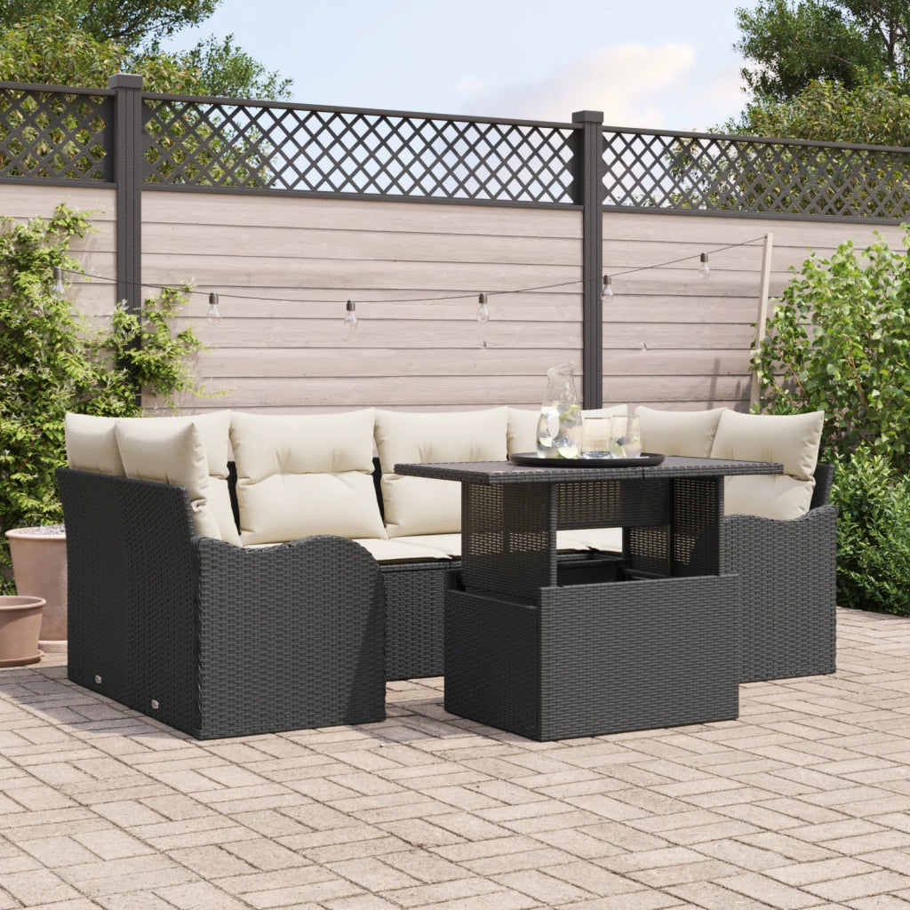 Set di Divani da Giardino da 7 Pezzi con Cuscini Nero Polirattan